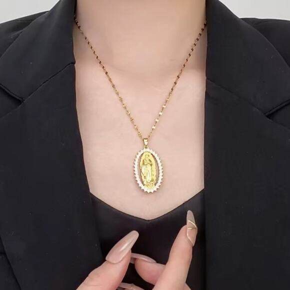 Gold Plated Virgin Mary Necklace CZ Diamonds Lady of Guadalupe Birthday Gift NEW - Picture 6 of 7